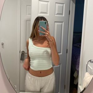 urban outfitters white ribbed one shoulder top with neon green stripes